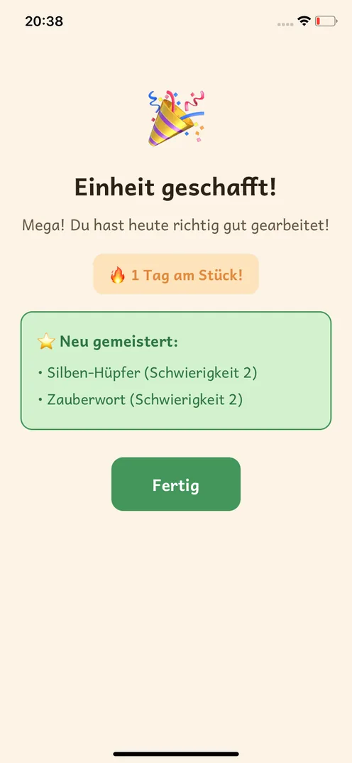 Abschlussbildschirm nach einer geschafften Übungseinheit