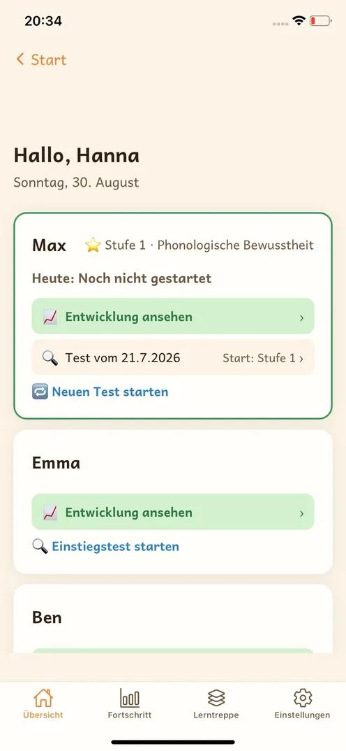 Elternbereich der Legaro App mit Übersicht der Kinder und Fortschritt