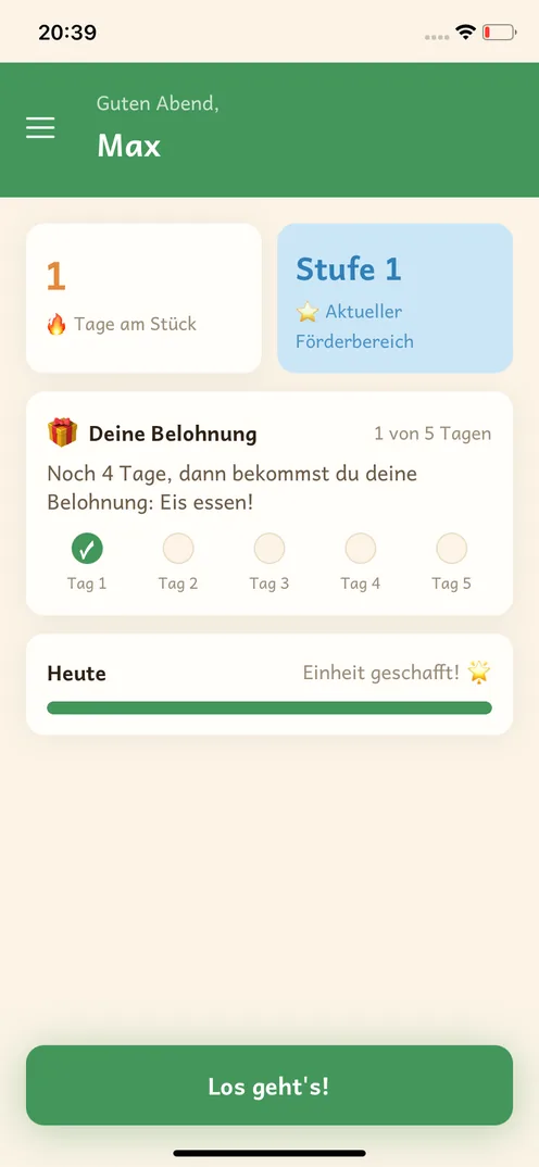 Startbildschirm für das Kind mit Belohnungsfortschritt